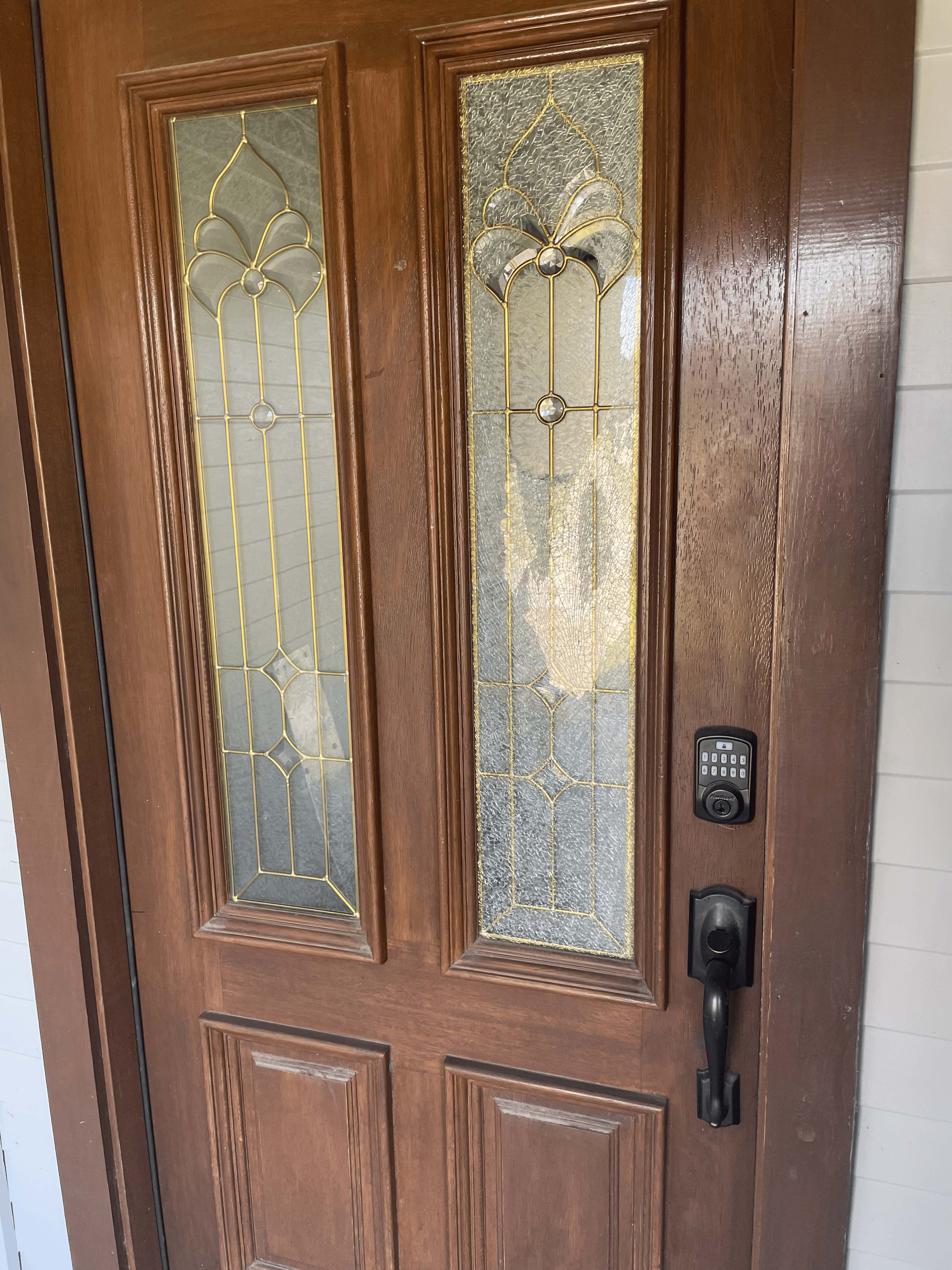 Before: Before and after: decorative door glass upgraded from textured to elegant gold leaded design